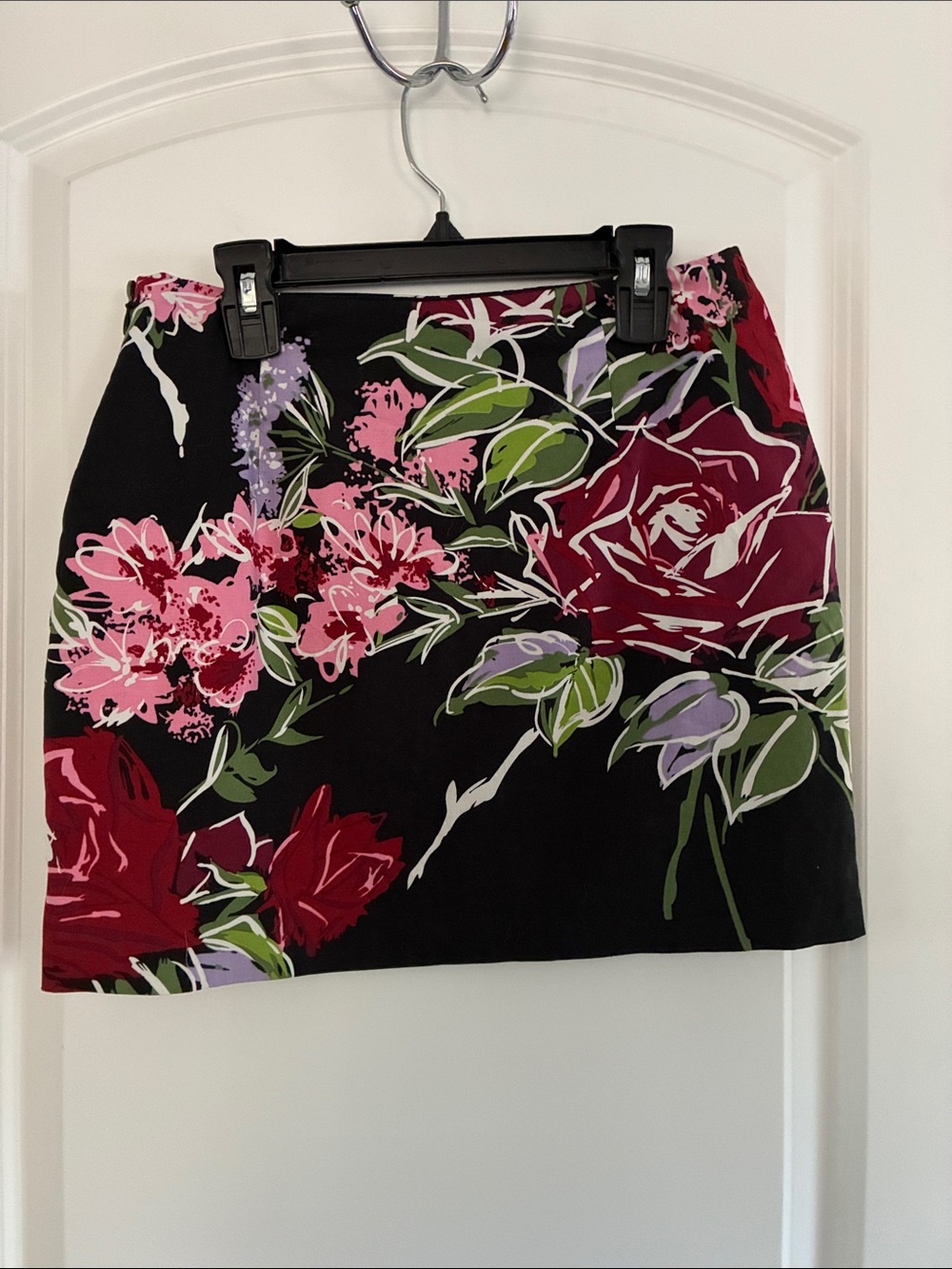 Floral Print Black Mini Skirt with Pink & Red Blooms